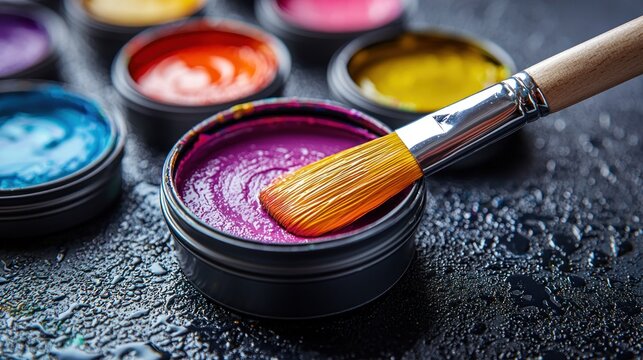 Colorful paint cans and brush on a dark surface