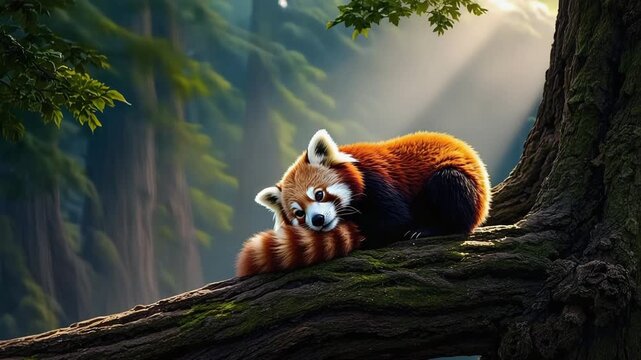 Red panda or cat bear, sleeping or resting in a tree. Ailurus fulgens