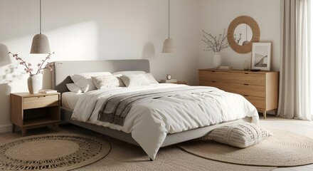 Wake up in a tranquil Japandi retreat. Soft morning light illuminates a neutral palette, where a grey upholstered bed with white quilted bedding is paired with warm oak furniture and organic woven acc