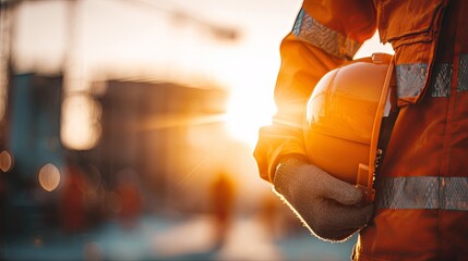 Construction worker holds bright orange protective headwear against a setting sun backdrop