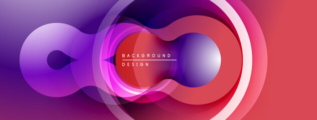 Abstract design features overlapping circles, gradients. Purple, pink, red hues create dynamic visual effect. Modern background element.
