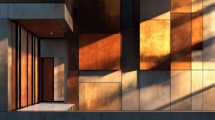 Modern building facade showcases contrasting materials bathed in dramatic sunlight and shadow patterns