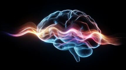 Digital representation of human brain activity displays intricate energy wave patterns across a dark background.