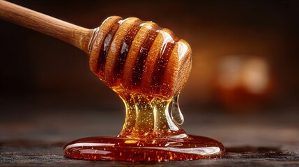 Viscous golden sweetener drips slowly from a traditional wooden dipper onto a dark surface