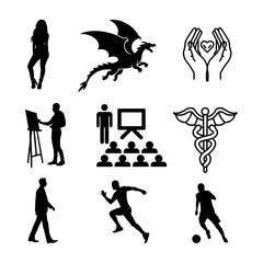 Collection of diverse silhouette icons representing various activities and symbols