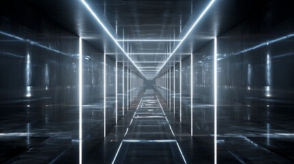Endless futuristic corridor illuminated by glowing parallel light lines stretching into the distance