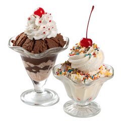 Chocolate and vanilla ice cream sundaes with sprinkles and cherries on white