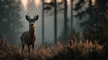 Young male deer with antlers stands alert in misty forest clearing during sunrise