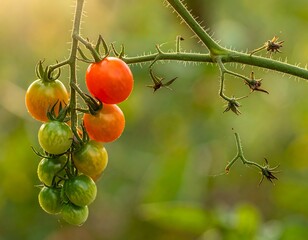 Ripening Cherry Tomatoes on the Vine in a Garden.