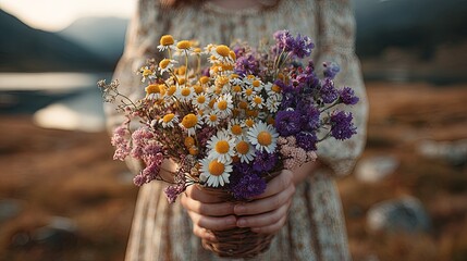 Person holding a woven container filled with assorted wildflowers in an outdoor natural setting