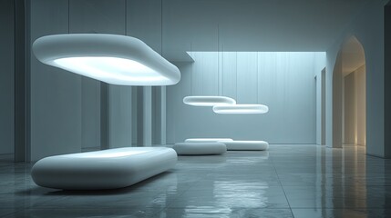 Minimalist interior space features modern, organically shaped illuminated furniture and lighting fixtures