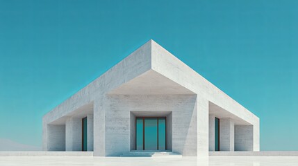 Minimalist white concrete structure stands boldly against a clear cyan sky