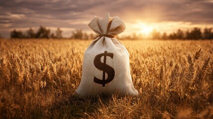 Burlap sack marked with currency symbol rests in golden grain field during sunset