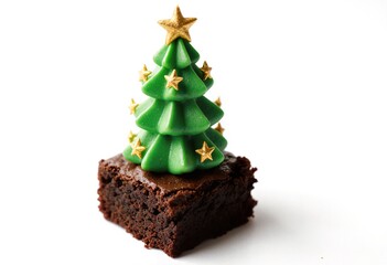 Decorative Christmas tree made of green frosting and golden stars atop a rich chocolate brownie