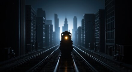 A powerful locomotive with a bright headlight travels on tracks through a dark, futuristic cityscape at night