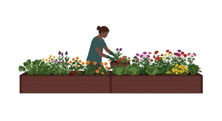 Person Gardening in a Raised Bed Full of Colorful Flowers