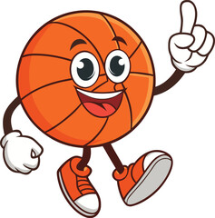 Cartoon basketball character with arms and legs pointing finger up vector template sport game
