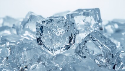 Obraz premium Ice cubes with water drops in macro shot on white background 