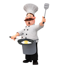 3d illustration cook with fried eggs in a frying pan