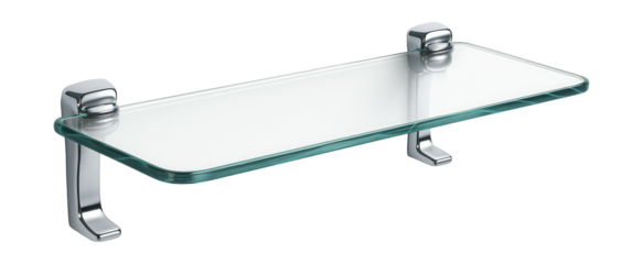 A sleek glass shelf with chrome brackets, perfect for above a washing machine to display