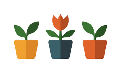 Eine Tulpe und zwei grüne Pflanzen in Blumentöpfen – Moderne, flache Vektorillustration