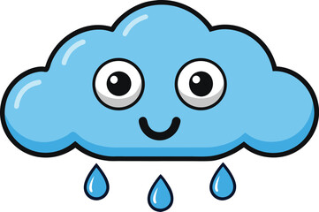 Cute blue cartoon cloud raining water drops with happy face vector template