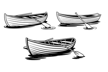 A beautifully hand-drawn collection of three vintage wooden rowboats with oars, depicted in a classic black and white sketch style for a nautical adventure theme