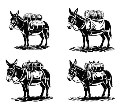 Set of four vintage black and white donkey illustrations carrying a heavy pack load, depicted in a classic woodcut or engraving art style for logos or emblems