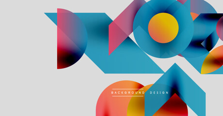Abstract geometric shapes overlap, creating vibrant color gradients. Modern design elements suggest dynamic composition.