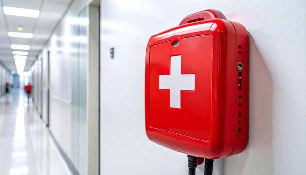 A bright red automatic external defibrillator (AED) securely mounted on a clean white wall in a public building hallway, symbolizing emergency medical safety and preparedness concept