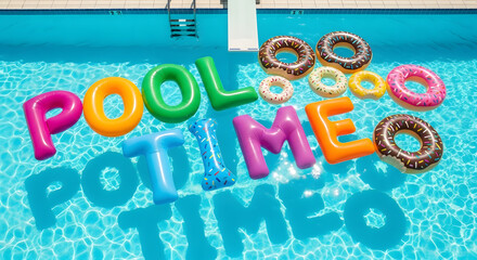 Colorful inflatable letters spelling Pool Time float on the sparkling blue water of a swimming pool with donut-shaped rings on a sunny summer day