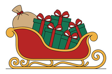 A Festive Illustration of a Red Sleigh Overflowing with Green Gift Boxes Tied with Red Ribbons and a Brown Sacks of Presents, Evoking a Sense of Holiday Cheer and Generosity