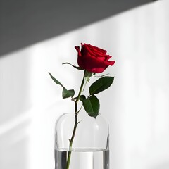  Elegant Red Rose in Glass Vase with Natural Light.