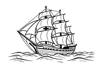 Majestic Ship Silhouette Detailed Line Art of a Sailing Vessel on Wavy Seas for Nautical Designs and Artistic Projects