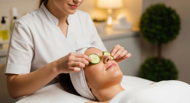 Relaxing spa day with cucumber treatment brings radiant skin and a serene escape from everyday stress, perfect for wellness and beauty promotions