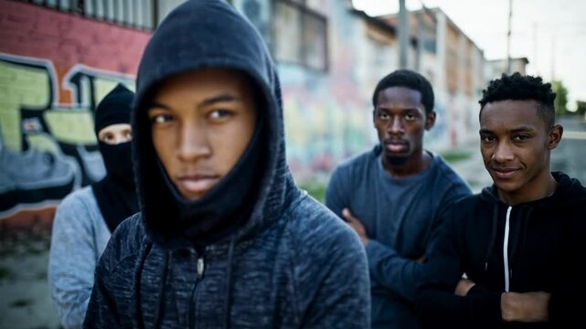 Urban portrait of hooded teens on a gritty street, shallow depth and moody tones highlighting real life&mdash;impactful clip for youth programs, anti‑violence PSAs, and documentaries addressing community