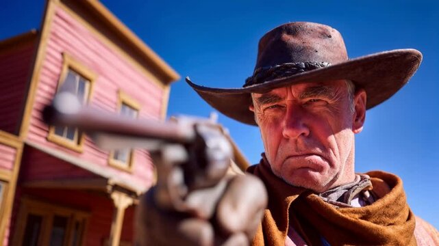 Classic western close‑up of a cowboy aiming a revolver, sun‑baked town behind him&mdash;stylized cinematic energy perfect for trailers, theme bars, game intros, and gritty Americana branding