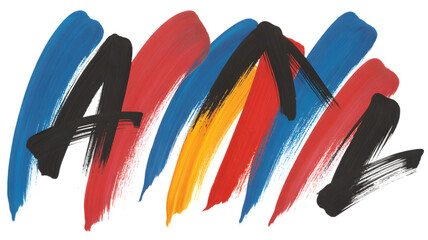 Vibrant abstract brushstrokes in red blue yellow and black on dark background