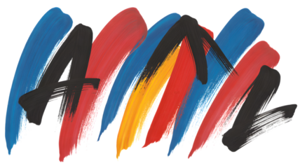 Vibrant abstract brushstrokes in red blue yellow and black on dark background