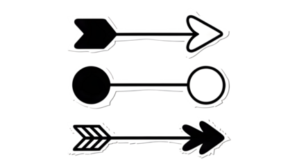 Three hand drawn arrows and a dumbbell symbol on black background