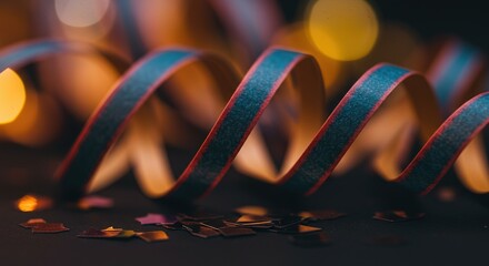 Festive concept with a swirling celebration ribbon and confetti against a dark background with golden bokeh lights