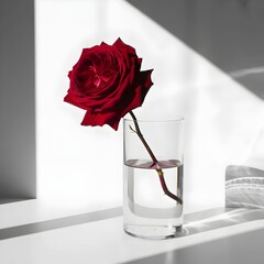 Graceful Red Rose with Leaves in Clear Glass.