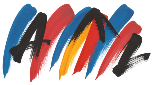 Vibrant abstract brushstrokes in red blue yellow and black on dark background