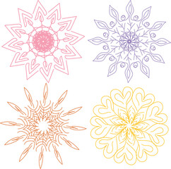 Snowflakes set for web, books, cards, apps, vector cartoon winter design, transparent background, ordered 4 styles