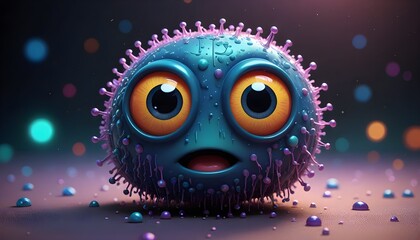 Blue alien monster with big eyes on a bokeh background, cute germ