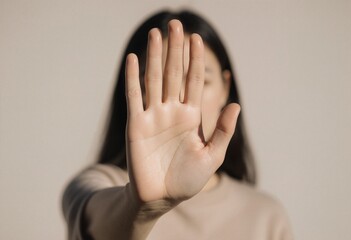 A woman standing with her hand open facing the camera, stop sign with hand, no measn no