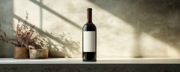 Elegant red wine bottle with blank label in a sunlit kitchen setting