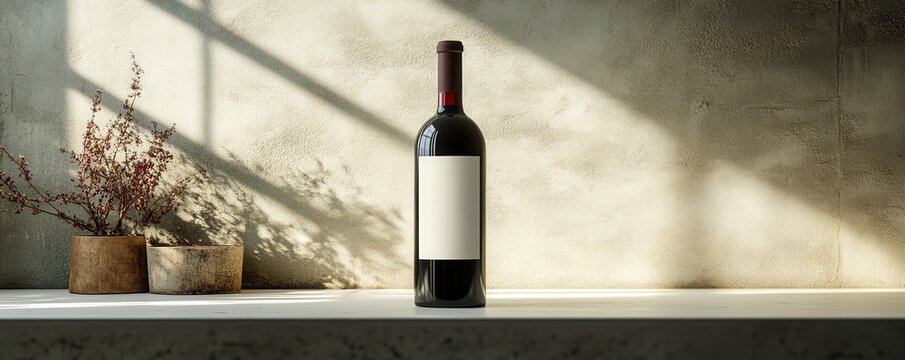 Elegant red wine bottle with blank label in a sunlit kitchen setting
