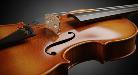 Close-up of classic wooden violin on dark background