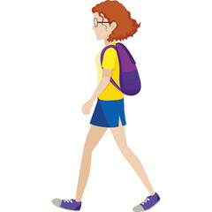 Pixel Art Side Profile Of A Young Woman With Red Hair And Glasses Walking With A Purple Backpack And Blue Shorts